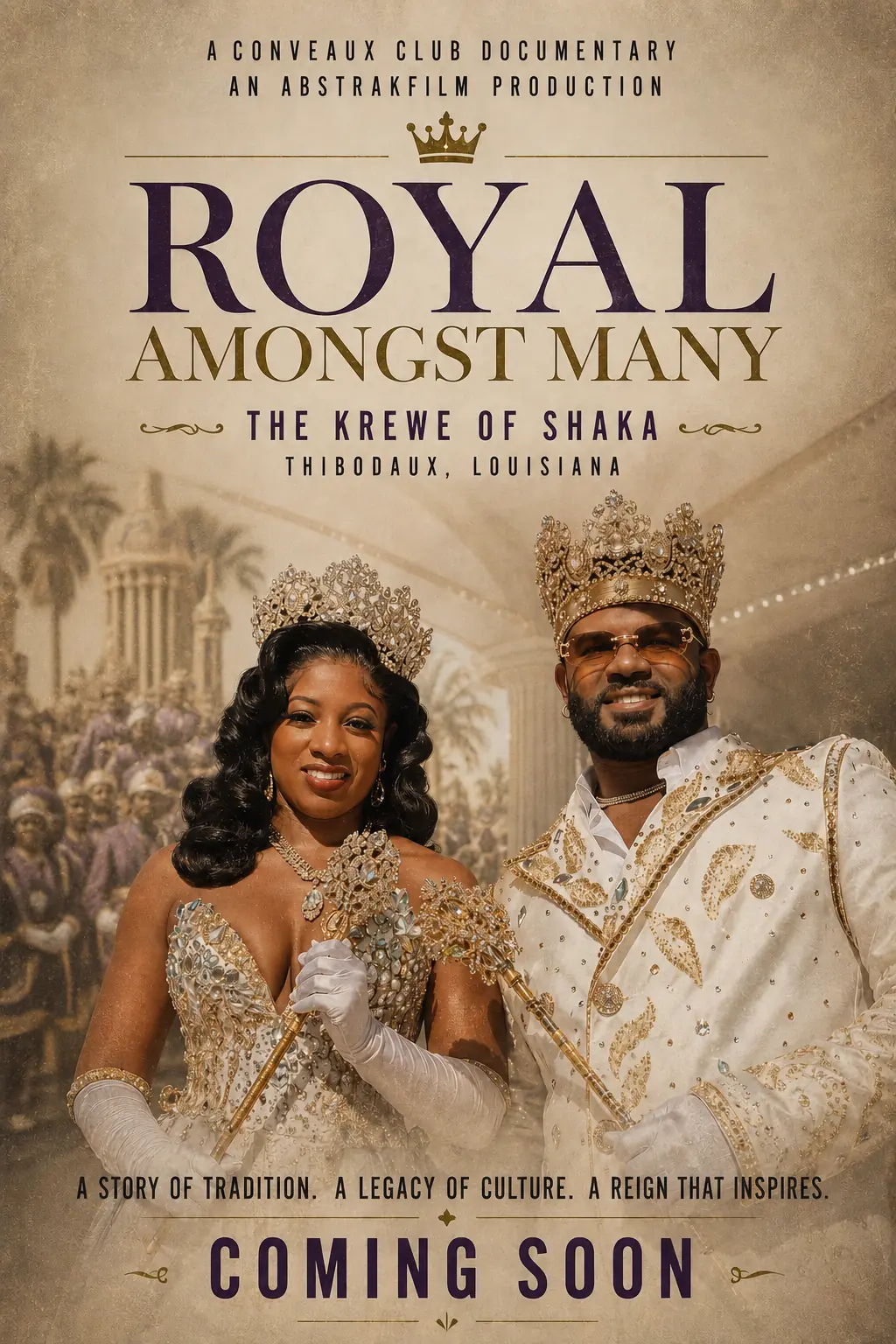 Royal Amongst Many documentary poster featuring the Krewe of Shaka royalty in Thibodaux, Louisiana